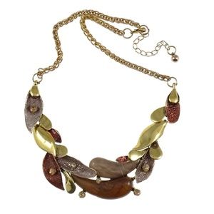 New Enamel Rhinestone Accent Brass Leaves Necklace